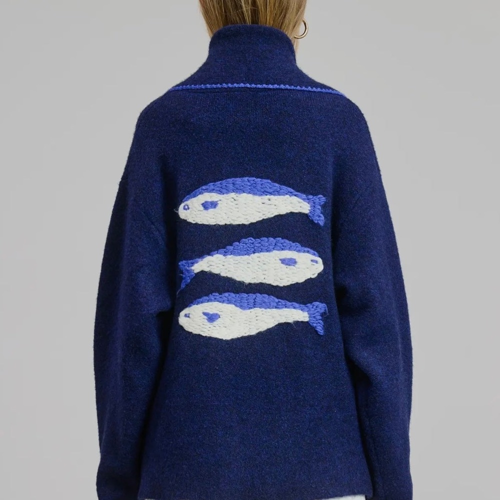 King's LandingNavy Blue Embroidered Fish Pattern Sweater